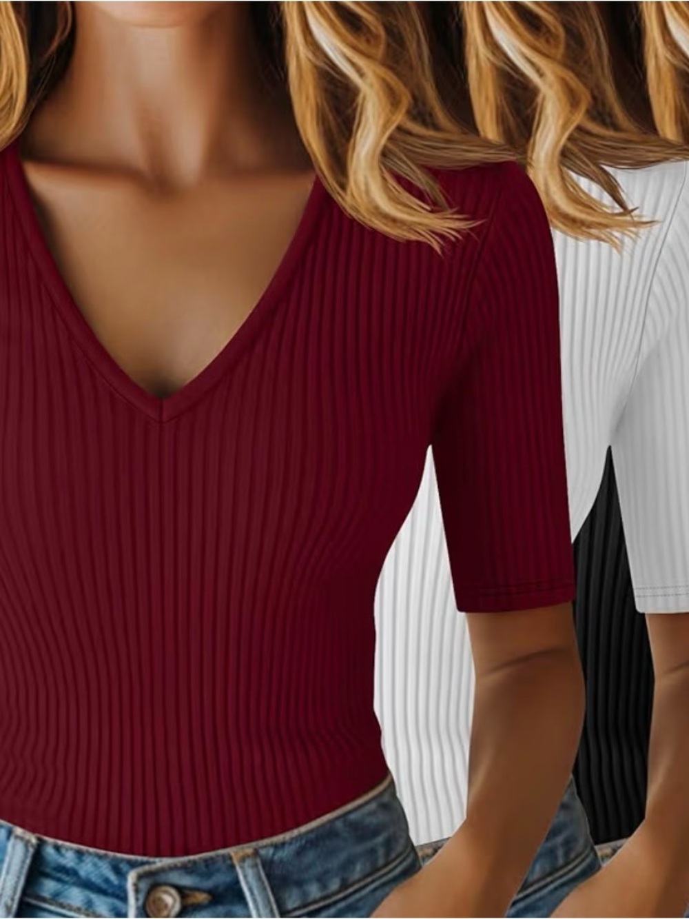 Three Ribbed V-Neck Short Sleeve Tops - Burgundy, White, and Black
